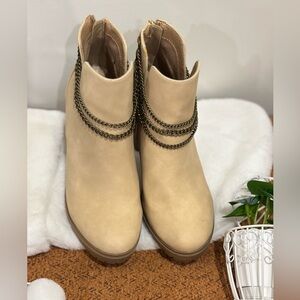Chain-Embellished Tan Ankle Boots